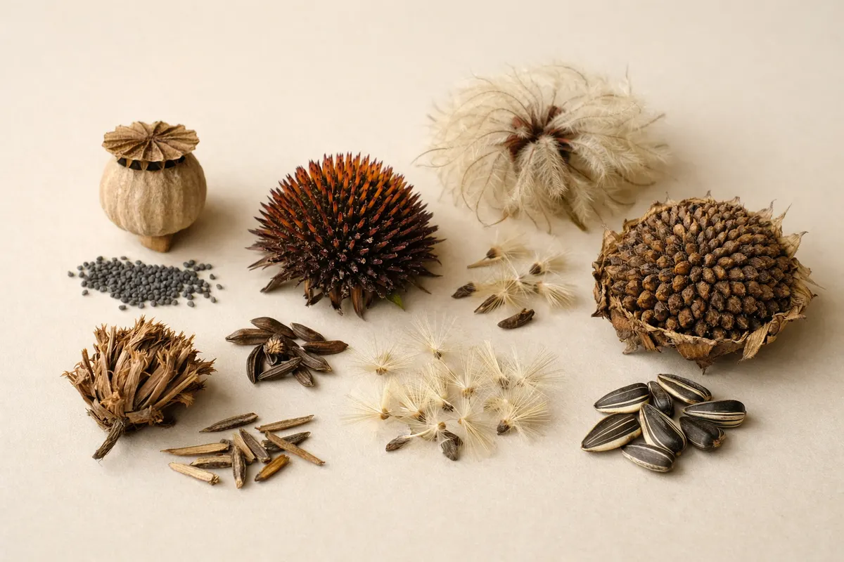 Flower seed heads and loose seeds with callouts for seed shape, seed head structure, size, and color