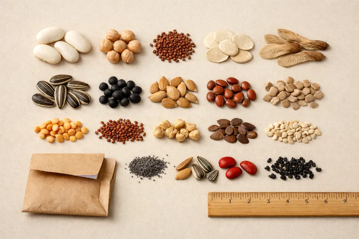 Plant seeds arranged by shape and size with visual clue labels and a seed packet or scale reference
